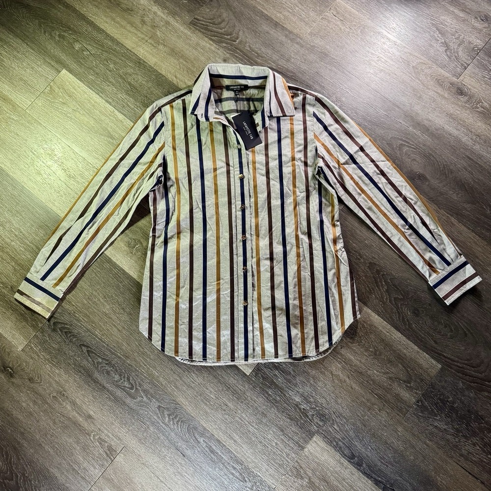 Lafayette 148 Womens‎ M Gray Stripe James Pumpkin Spice Button Up Blouse NEW
